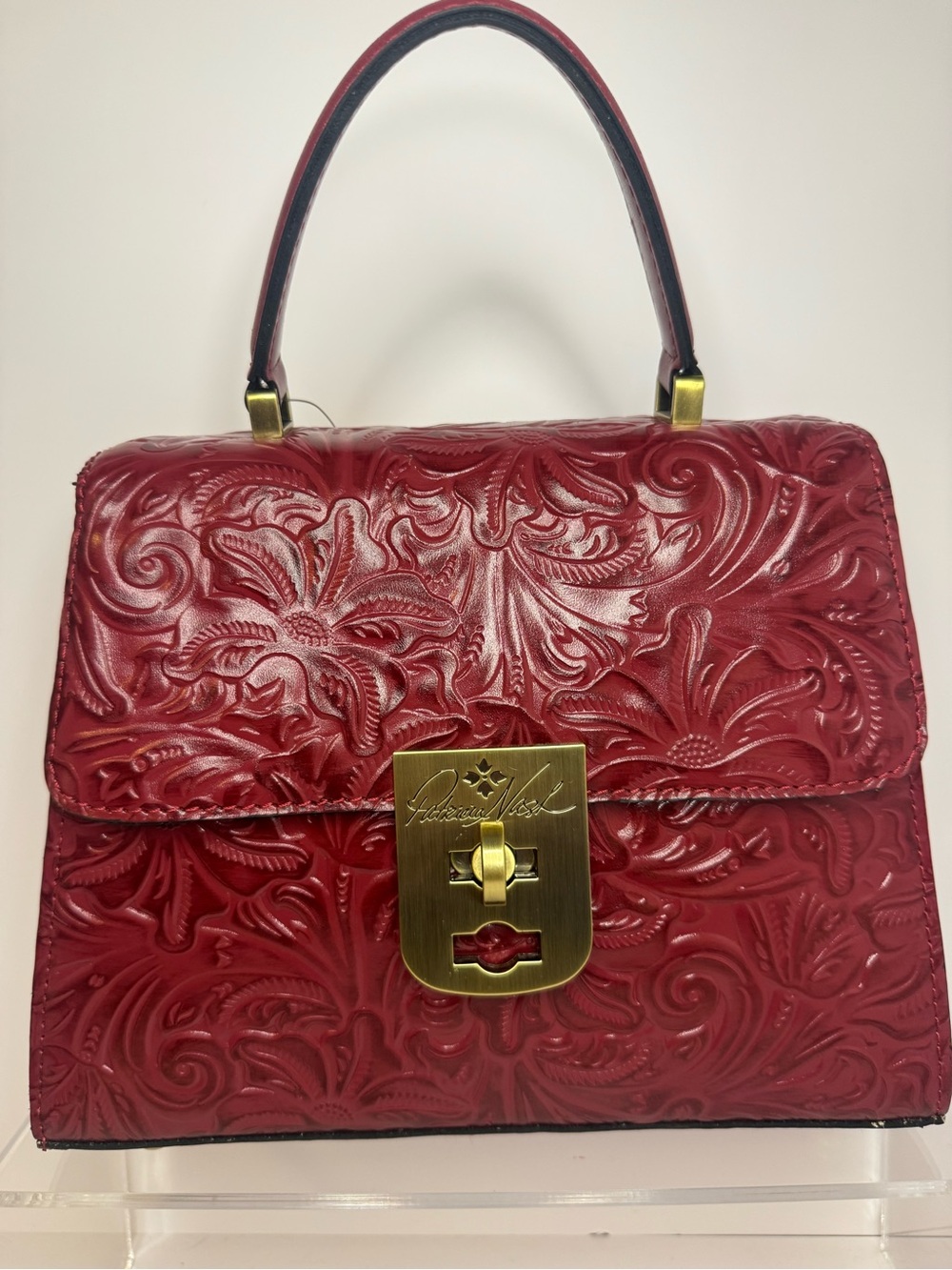#438 Patricia Nash NWT Chauny Red Floral Burnished Tooled Leather Two-Way Bag - Picture 9 of 15